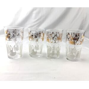 Vintage‎ Federal Glass Tumblers Set of 4 Clear Drinking Glass Gold Accent Design